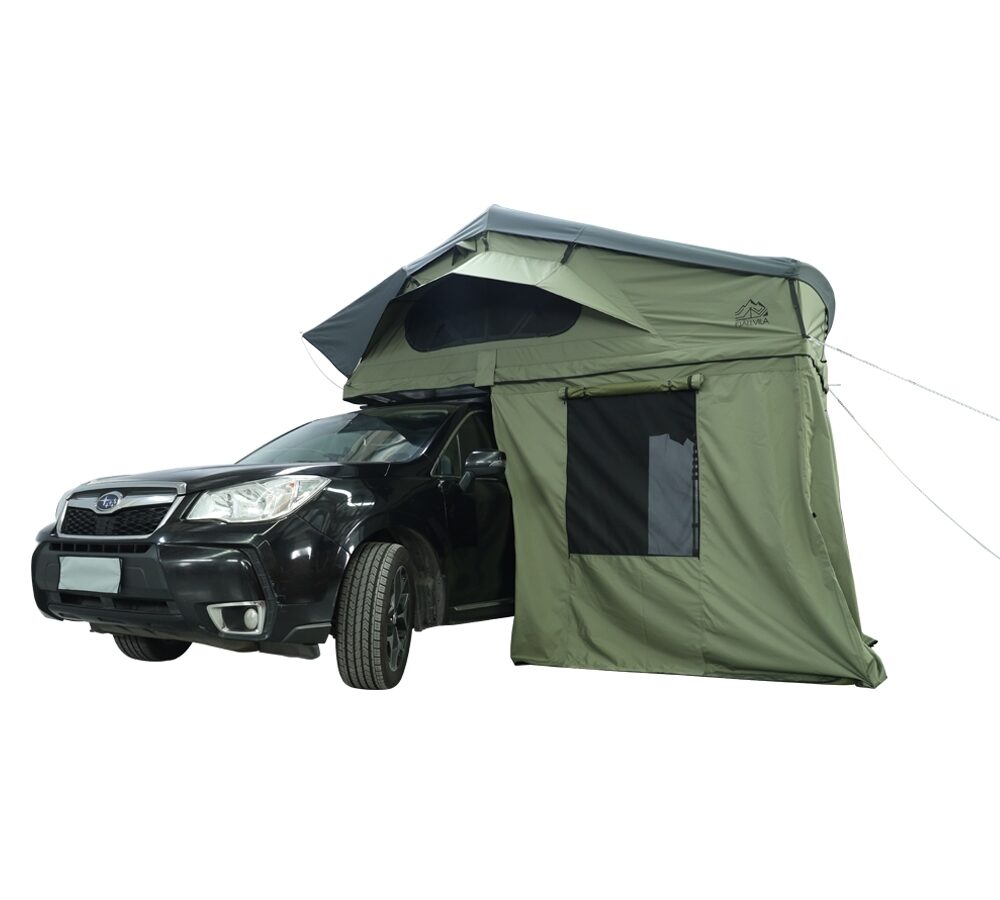 FjallVila-UppLov-daktent-op-auto-met-ondertent-groen.jpg FjällVila UppLöv 140L daktent ondertent - Khaki-Green